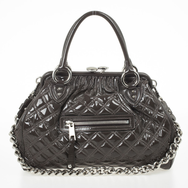 Pre Owned Marc Jacobs Grey Quilted Patent Stam Satchel
