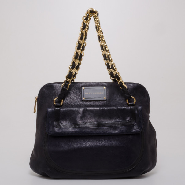 Pre Owned Marc Jacobs Black and Navy Leather Chain Handle Tote