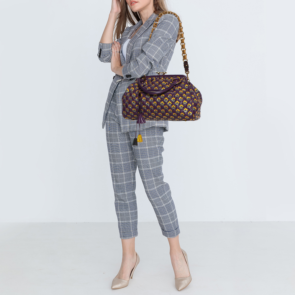 

Marc Jacobs Purple/Gold Quilted Print Leather Stam Satchel
