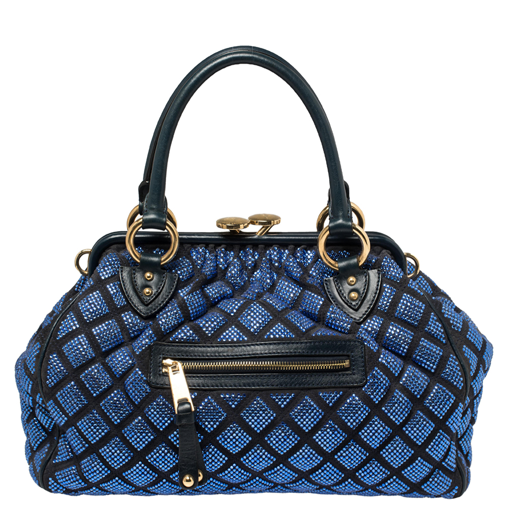 Pre-owned Marc Jacobs Blue Crystal Embellished Quilted Suede And Leather Stam Satchel