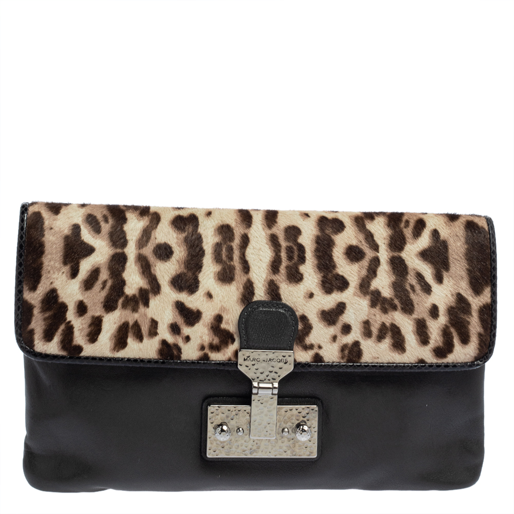Pre-owned Marc Jacobs Grey/brown Leopard Print Calfhair And Leather Safari Vip Clutch