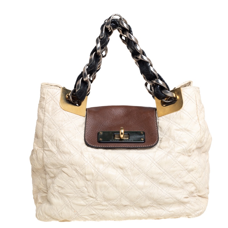 

Marc Jacobs Cream/Brown Quilted Shimmer Leather Turnlock Flap Shoulder Bag