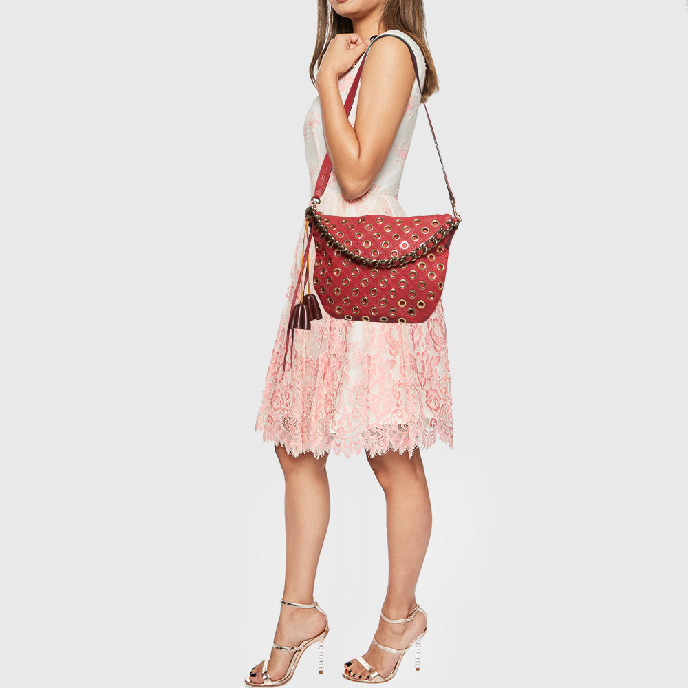 

Marc Jacobs Red Eyelets Quilted Leather Nomad Hobo