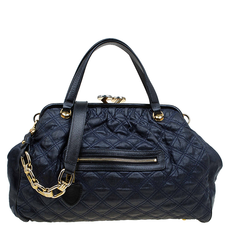 Marc Jacobs Dark Blue Quilted Coated Canvas Stam Satchel