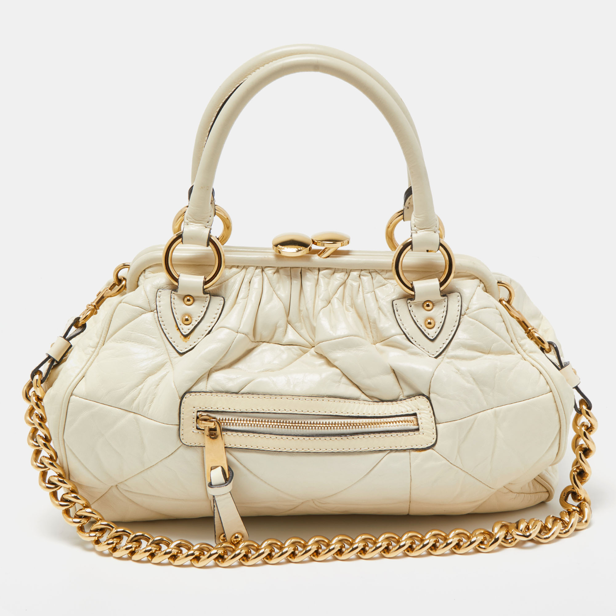Pre-owned Marc Jacobs Cream Quilted Leather Stam Satchel