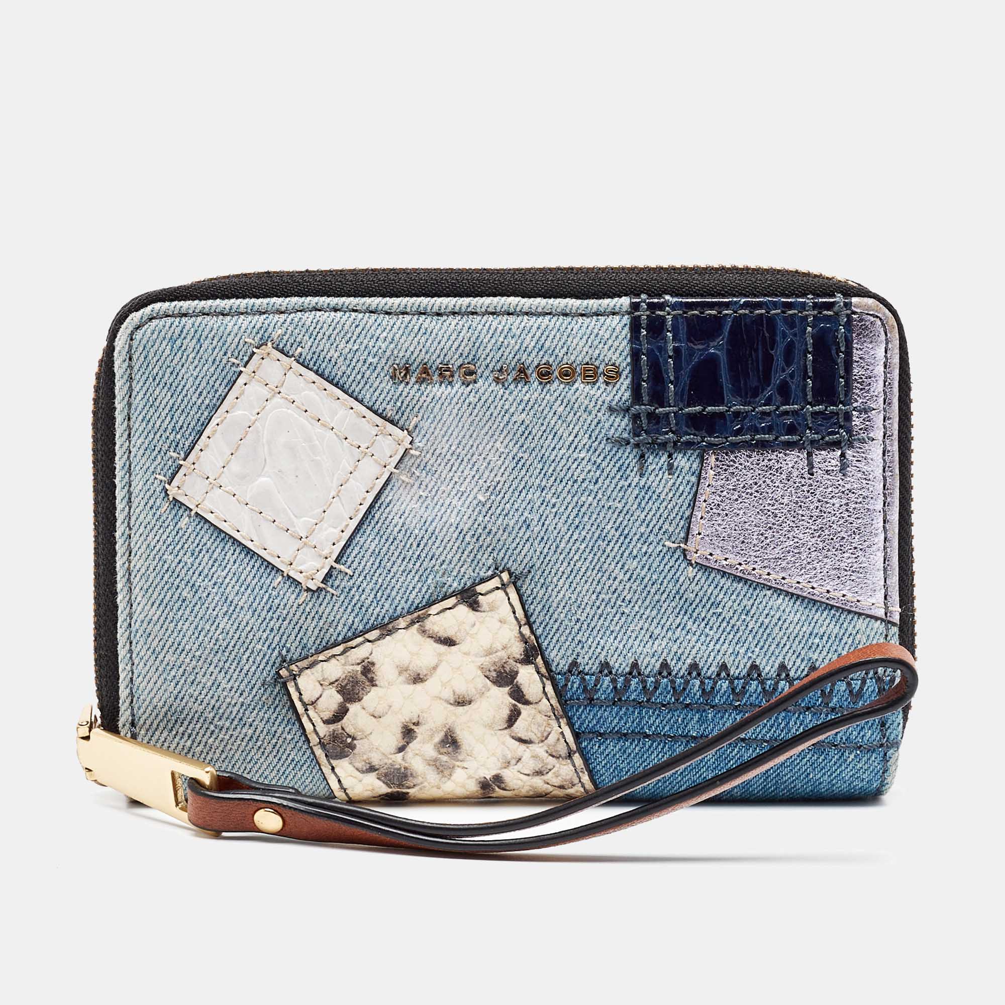 Pre-owned Marc Jacobs Blue/multicolor Denim Patchwork Wristlet Zip Around Wallet