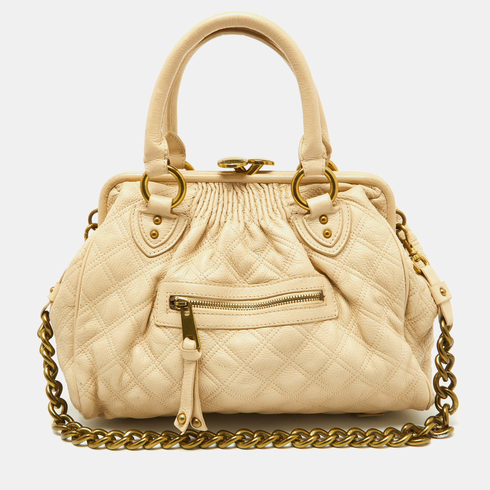 Pre-owned Marc Jacobs Light Beige Quilted Leather Stam Satchel