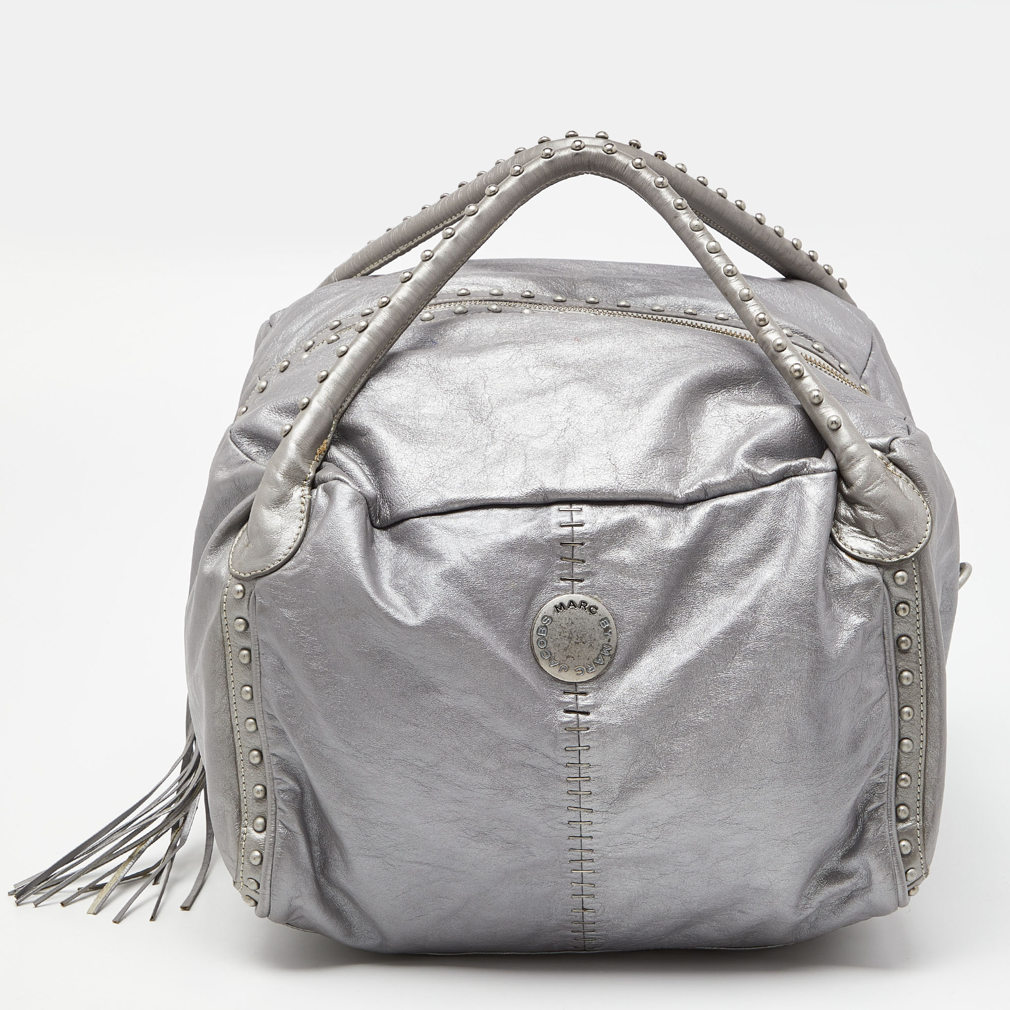 Pre-owned Marc Jacobs Grey Leather Studded Hobo In Silver