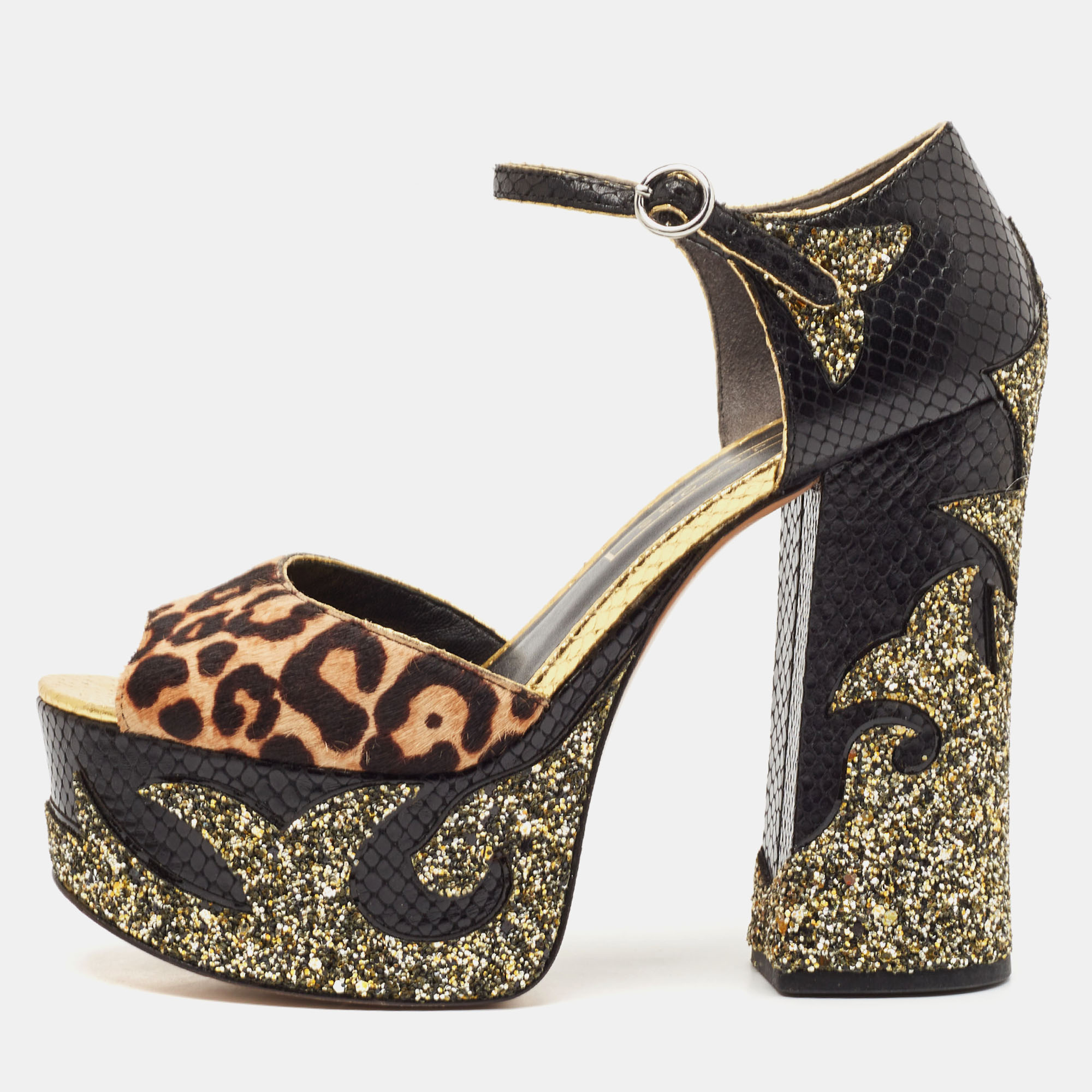 

Marc Jacobs Multicolor Calf Hair and Python Embossed Leather Ankle Strap Sandals Size