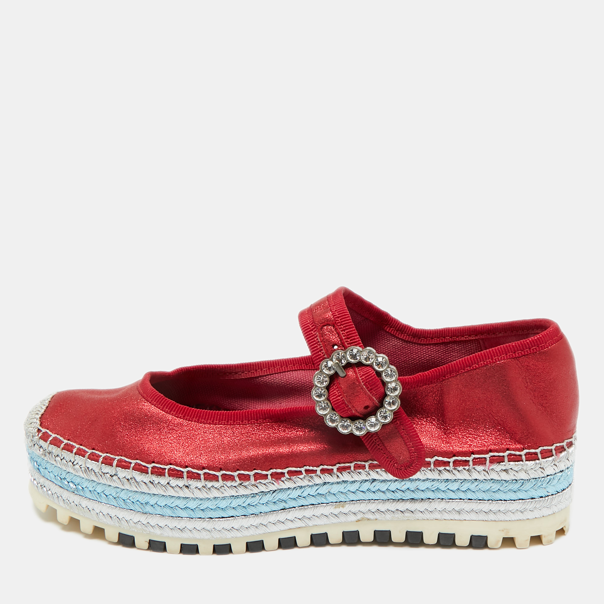 Pre-owned Marc Jacobs Metallic Red Nubuck Suzi Crystal Embellished Brooch Mary Jane Espadrille Platforms Side 37