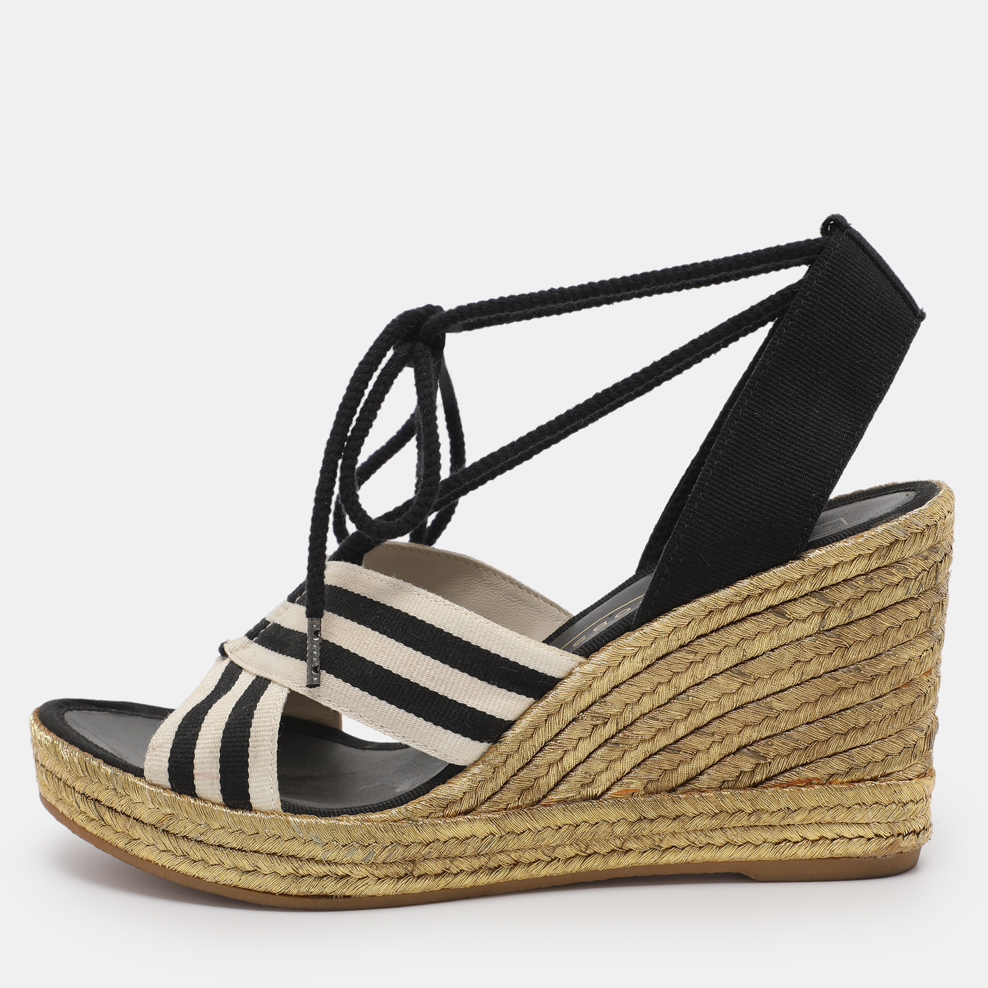 Pre-owned Marc Jacobs Black/white Stripe Canvas Dani Wedge Espadrilles Size 37