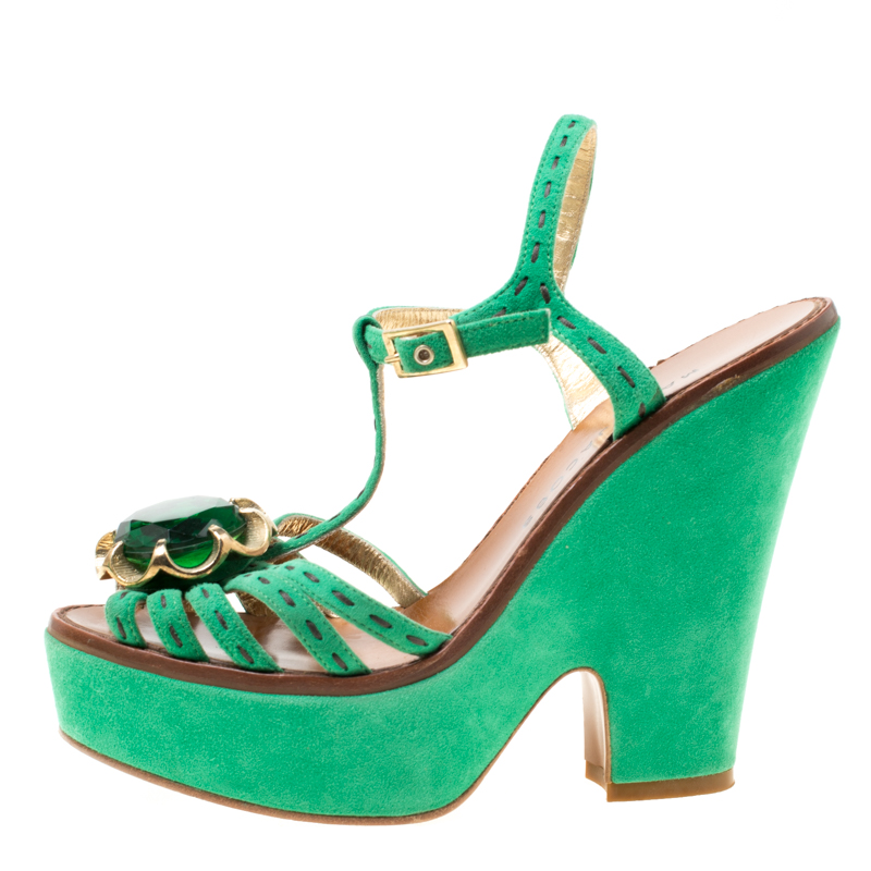 

Marc Jacobs Green Suede Crystal Flower Embellished Ankle Strap Platform Sandals Size