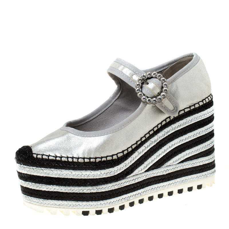 Pre Owned Marc Jacobs Metallic Silver Crystal Embellished Leather Suzi Mary Jane Espadrille Platforms Size 38