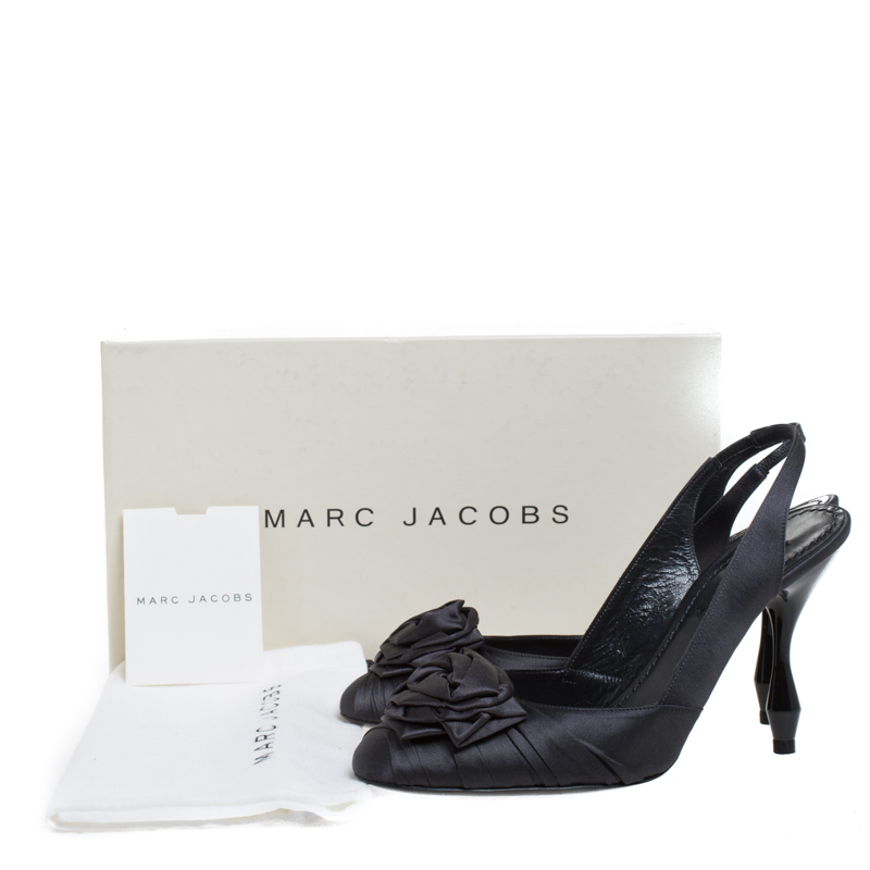 Pre-owned Marc Jacobs Graphite Satin Ruffle And Rose Detail Round Toe Slingback Sandals Size 36.5 In Grey