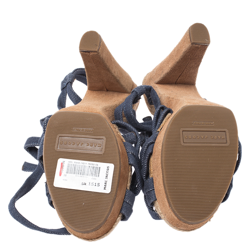 Pre-owned Marc Jacobs Blue Denim Platform Ankle Wrap Sandals Size 38