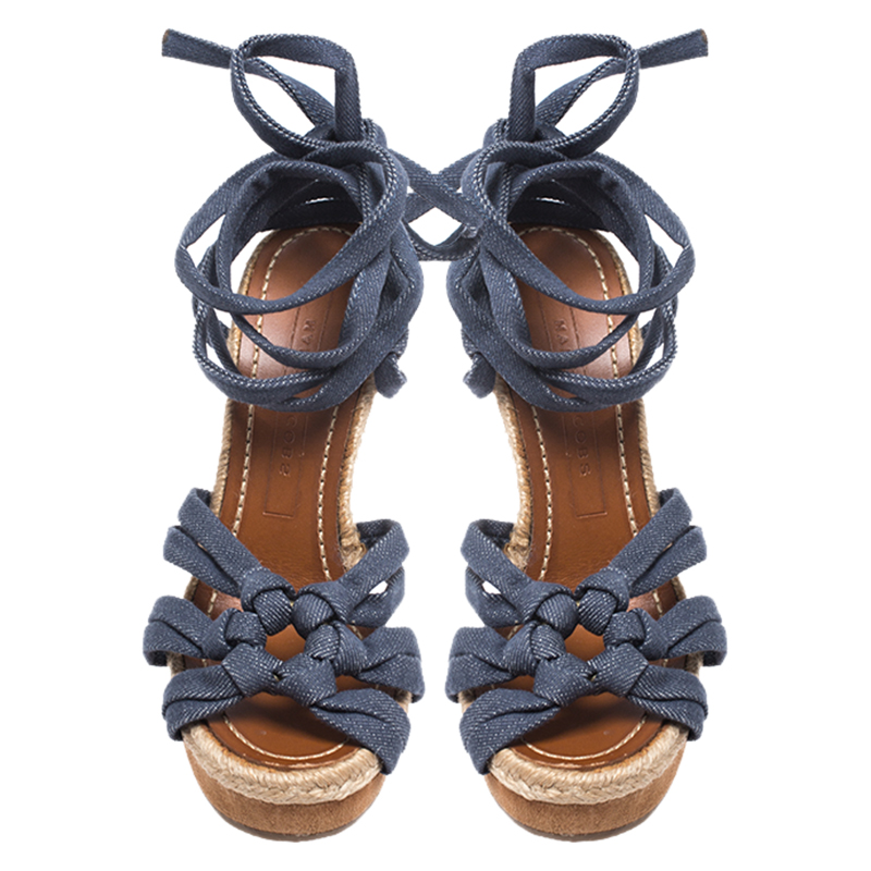 Pre-owned Marc Jacobs Blue Denim Platform Ankle Wrap Sandals Size 38