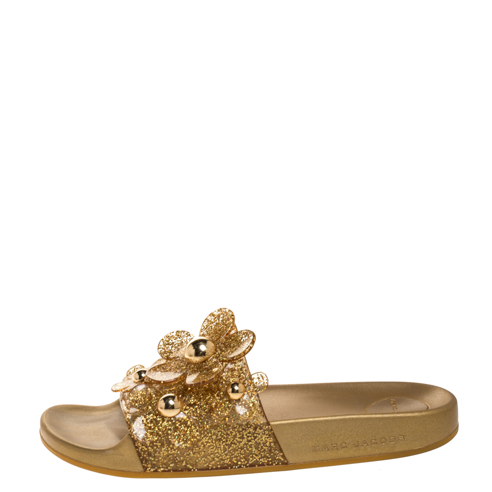 

Marc Jacobs Gold Glitter Jelly Daisy Aqua Flower Flat Slides Size