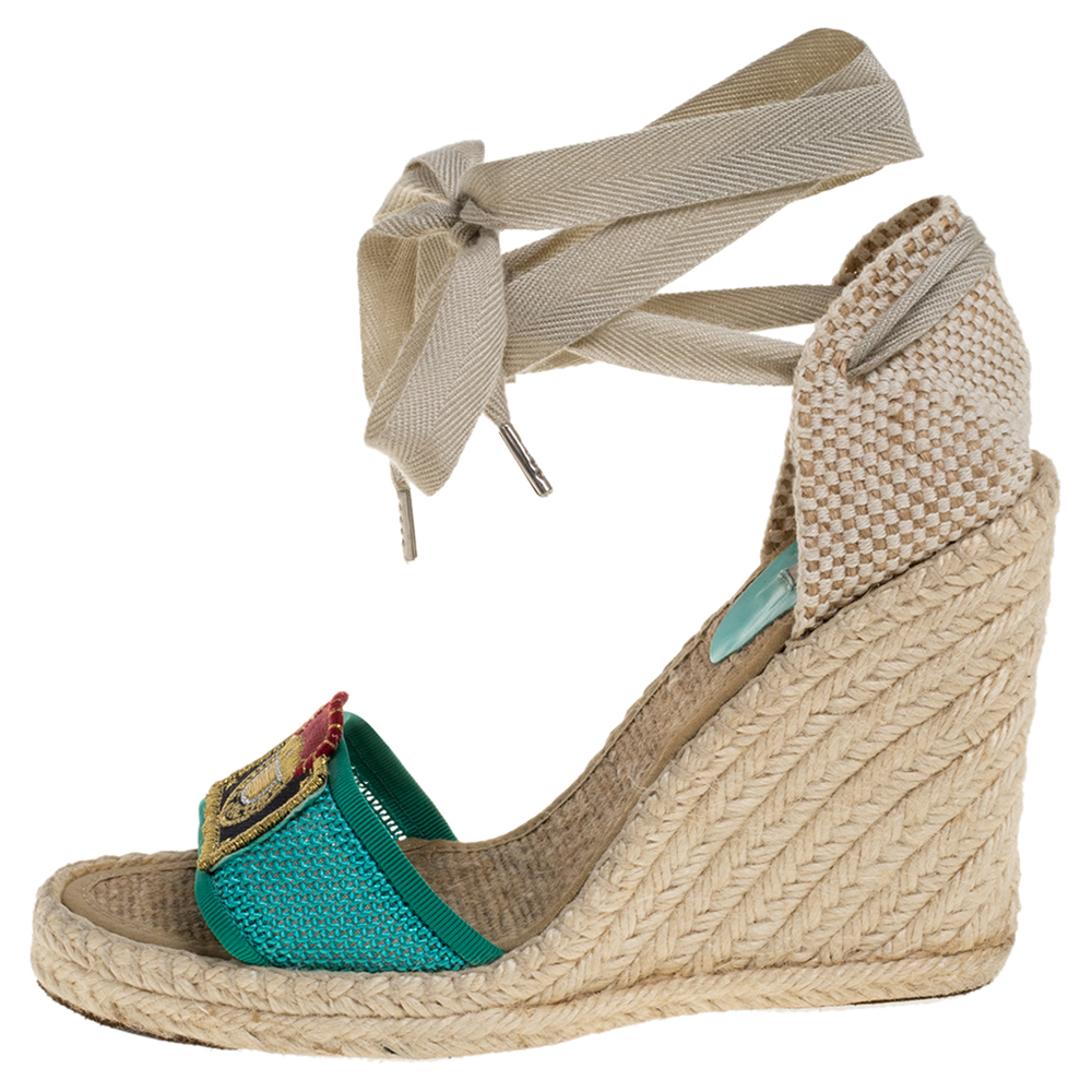 

Marc Jacobs Multicolor Mesh And Woven Canvas Wedge Espadrilles Ankle Wrap Sandals Size