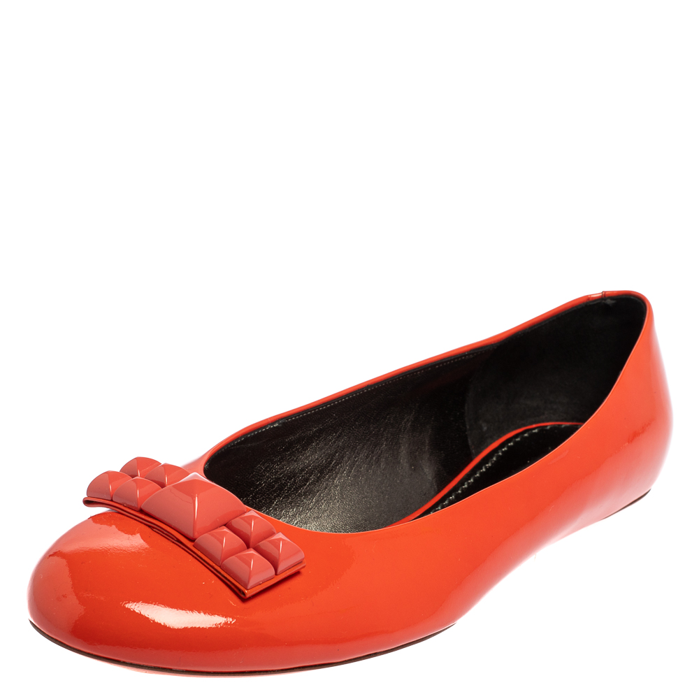 Pre-owned Marc Jacobs Orange Patent Leather Embellished Bow Ballet Flats Size 37.5