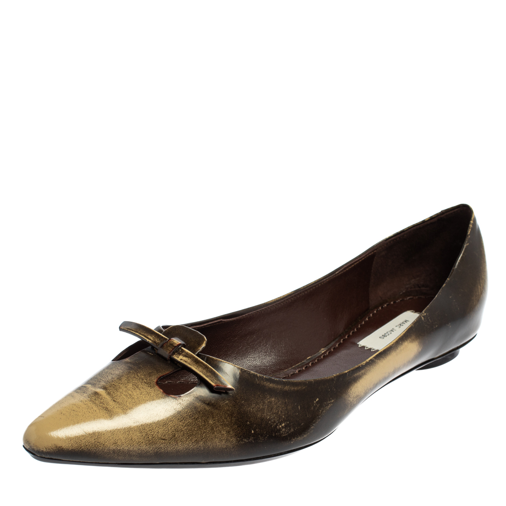 Pre-owned Marc Jacobs Two Tone Leather Bow Ballet Flats Size 38.5 In Brown