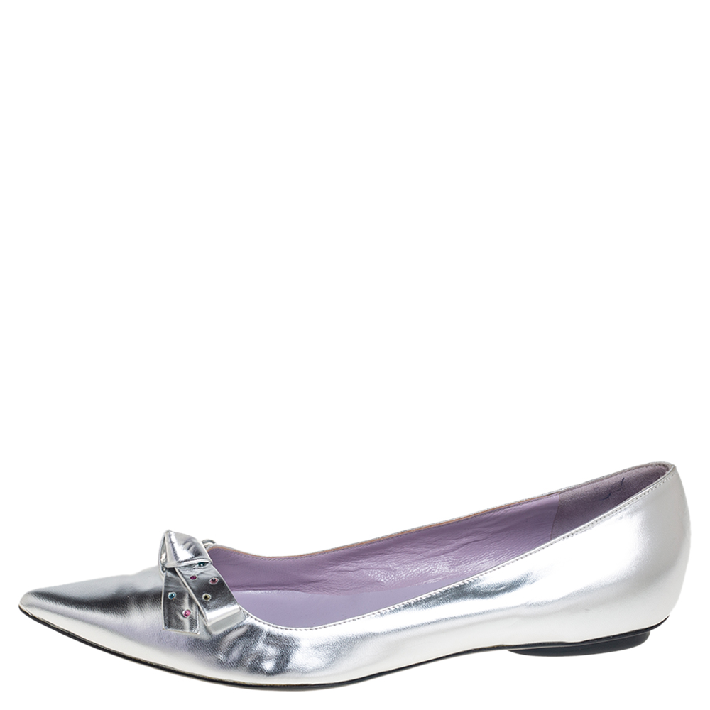

Marc Jacobs Silver Leather Pointed Toe Bow Ballet Flats Size