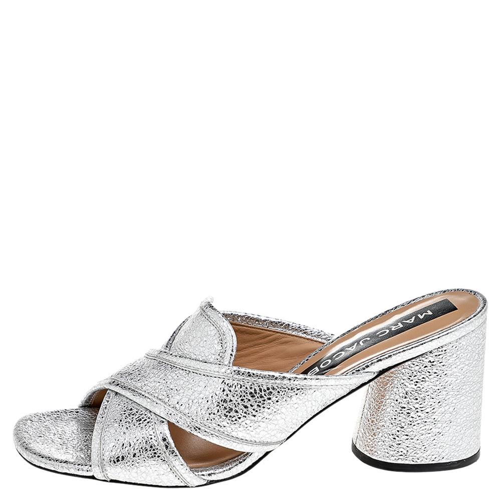 

Marc Jacobs Metallic Silver Crackle Leather Criss Cross Slide Sandals Size