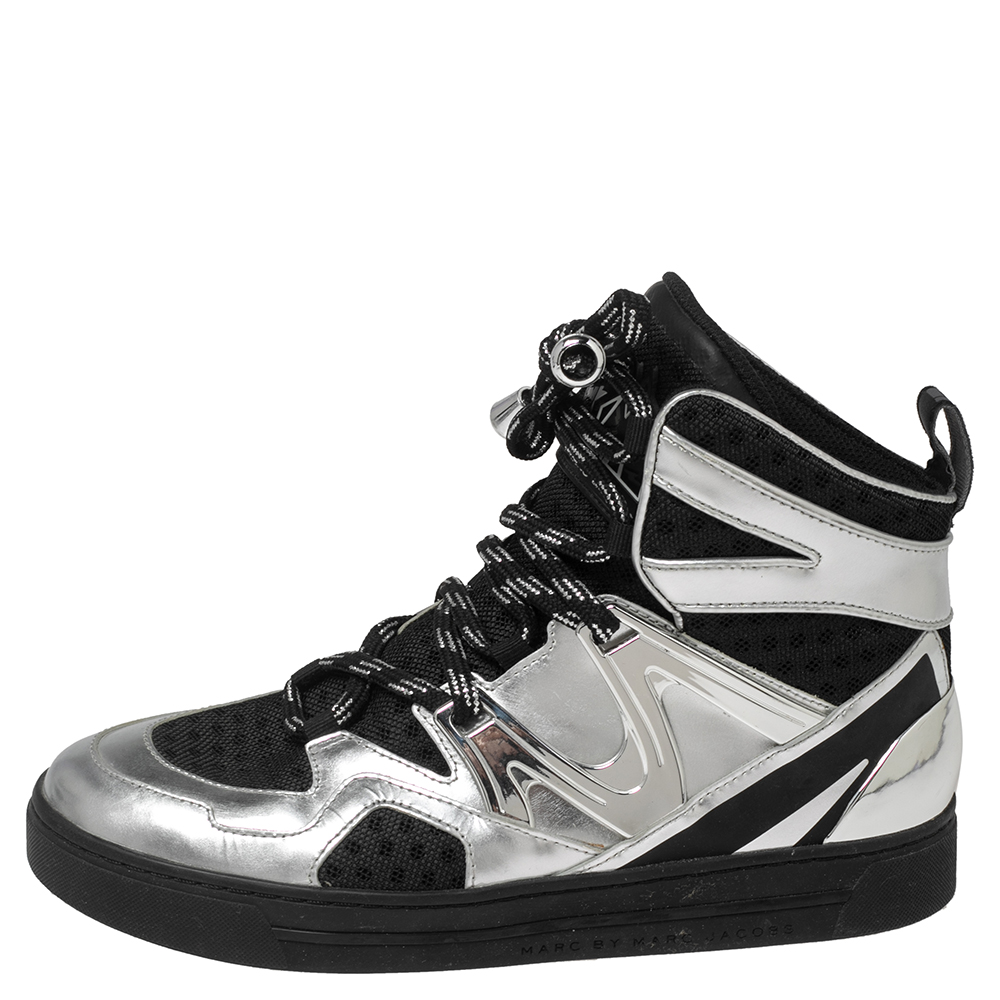 

Marc Jacobs Silver/Black Leather And Mesh High Top Sneakers Size