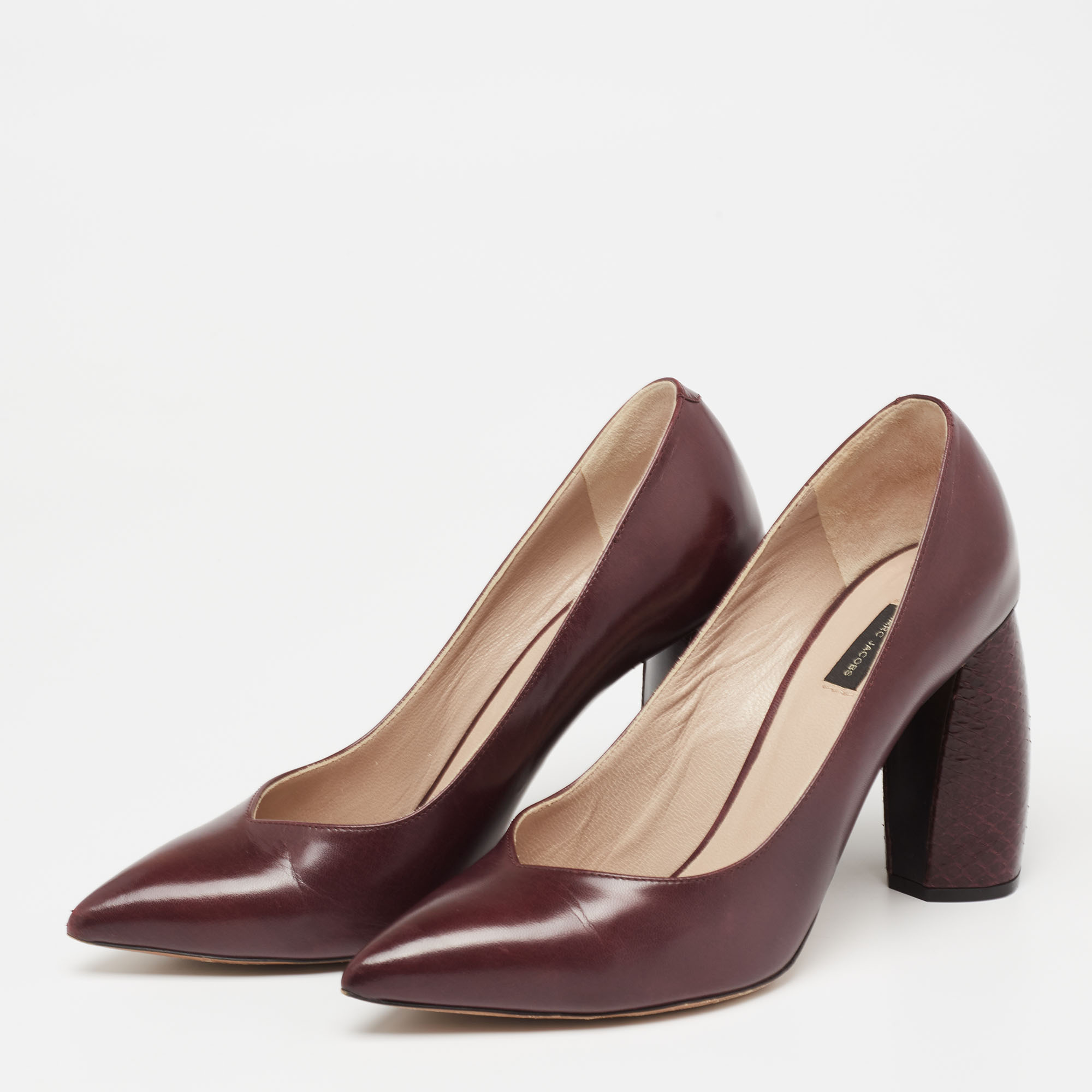 

Marc Jacobs Burgundy Leather And Python Embossed Pointed Toe Block Heel Pumps Size
