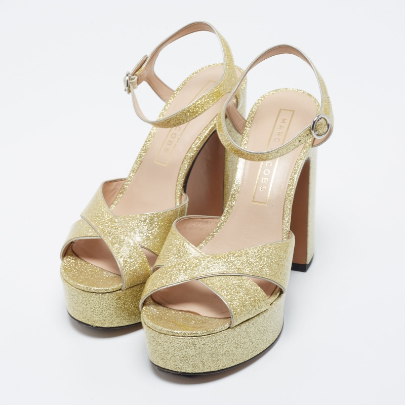 

Marc Jacobs Metallic Gold Patent Leather Lust Platform Block Heel Ankle Strap Sandals Size
