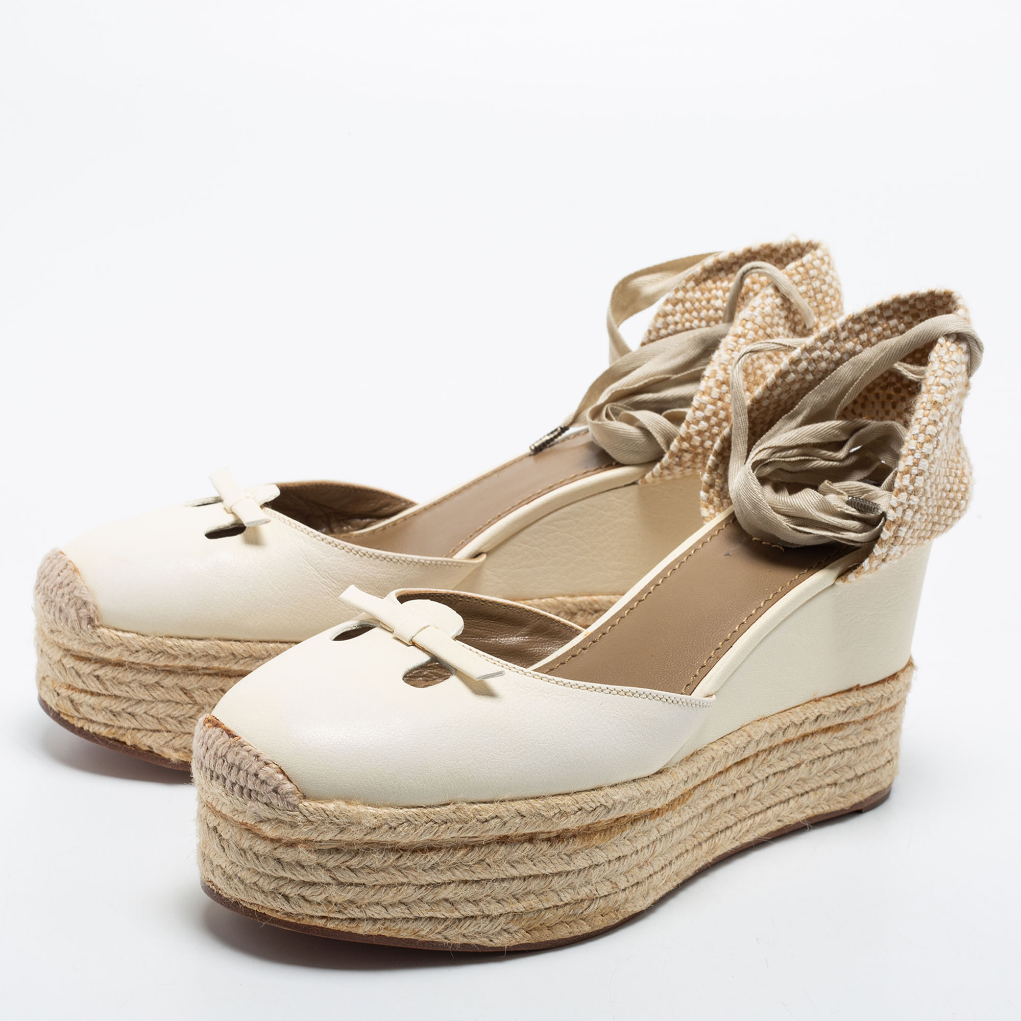 

Marc Jacobs Cream Leather and Woven Fabric Espadrille Wedge Platform Ankle Tie Pumps Size