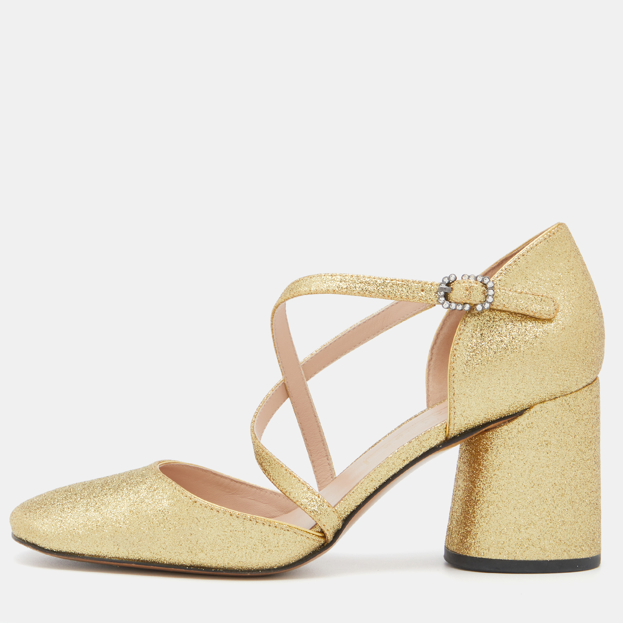 

Marc Jacobs Gold Glitter Block Heel Ankle Strap Sandals Size