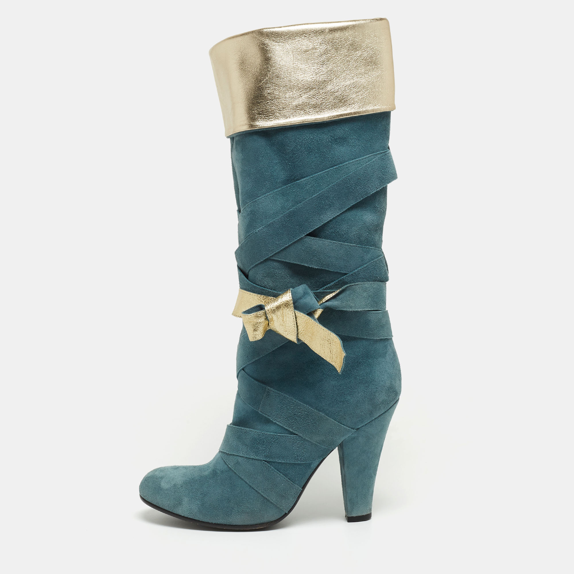 

Marc Jacobs Blue/Gold Suede and Leather Mild Calf Boots Size