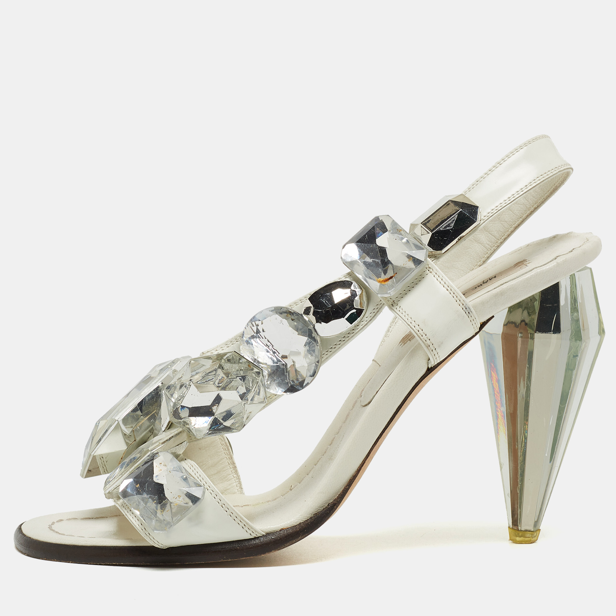 Pre-owned Marc Jacobs Marc By  White Leather Crystal Embellished Slingback Sandals Size 37.5