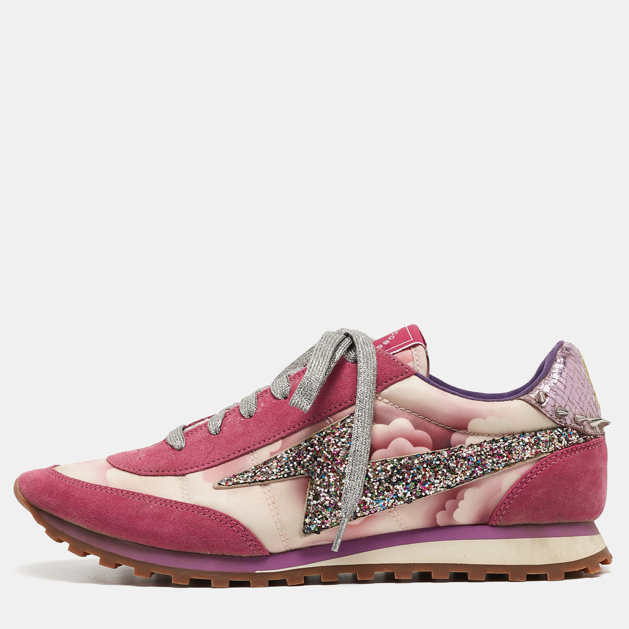 Pre-owned Marc Jacobs Tricolor Suede And Printed Fabric Astor Lightning Bolt Sneakers Size 39 In Pink