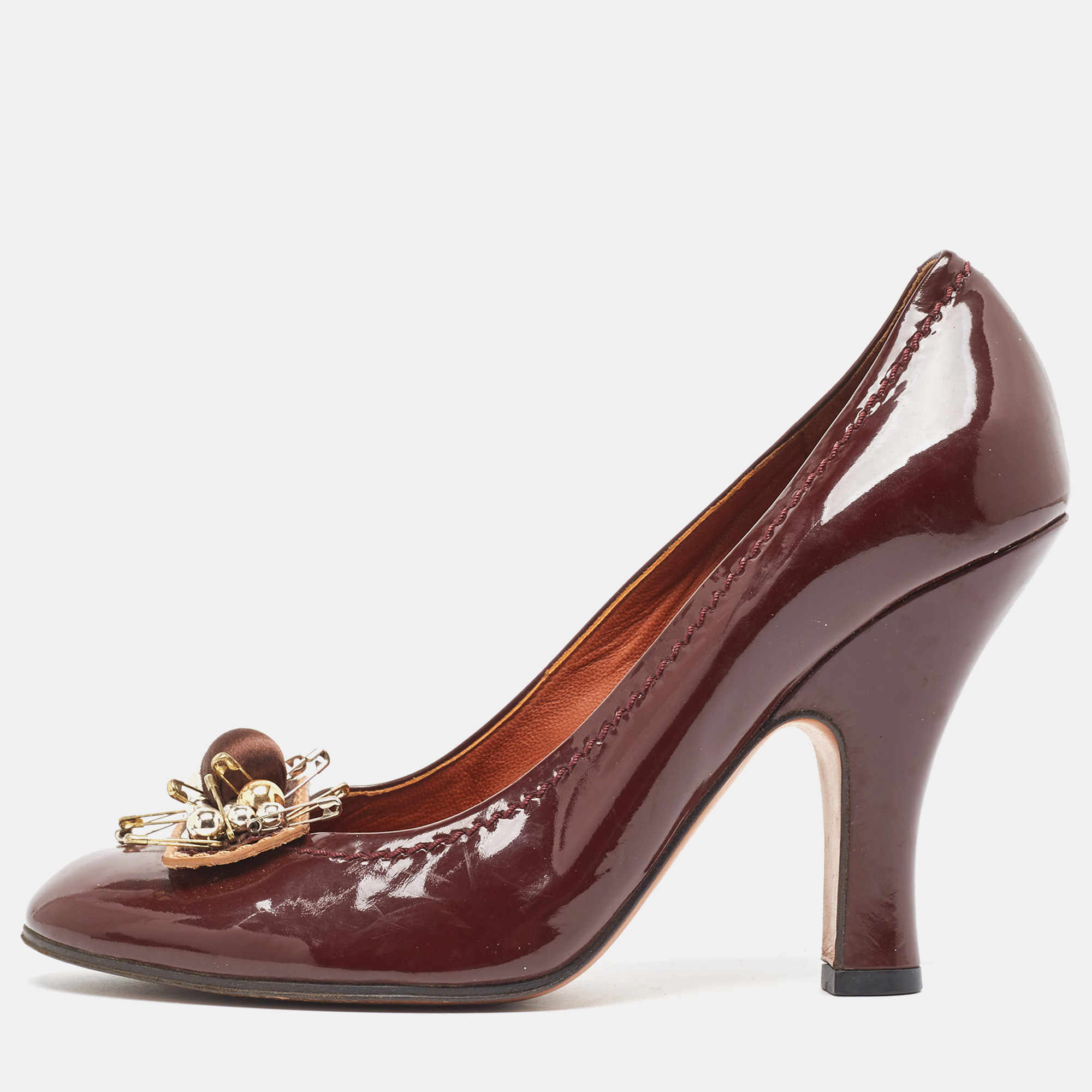 Pre-owned Marc Jacobs Burgundy Patent Leather Embellished Pumps Size 37.5