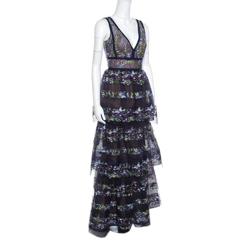 

Marchesa Notte Blue Tiered Floral and Butterfly Embroidered Evening Gown, Navy blue