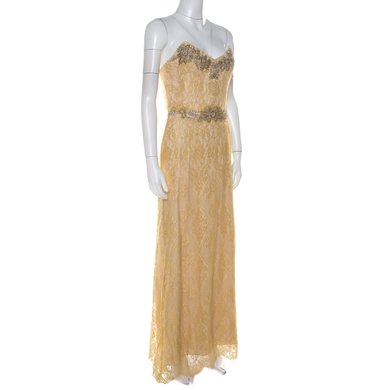 

Marchesa Notte Gold Embellished Chantilly Lace Strapless Gown