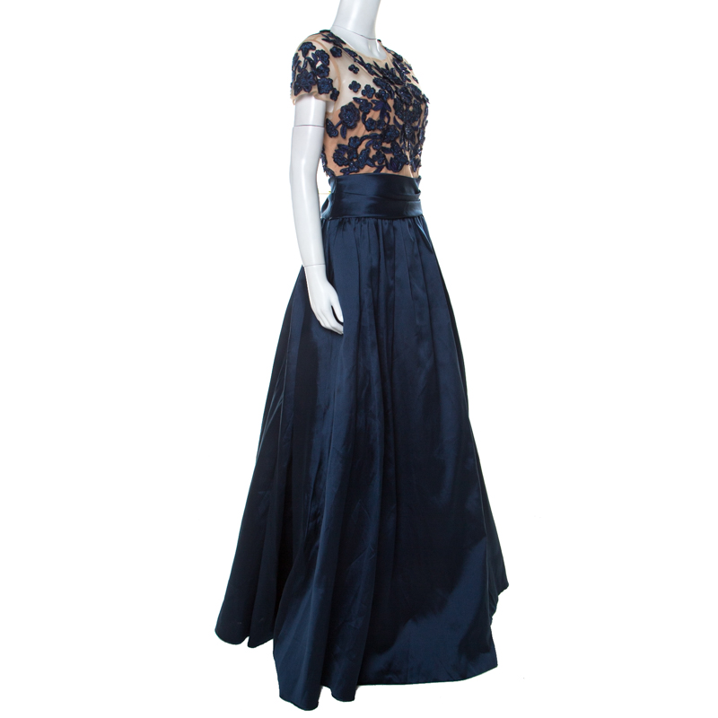 

Marchesa Notte Midnight Blue Floral Embroidered Tulle Mikado Cap Sleeve Gown
