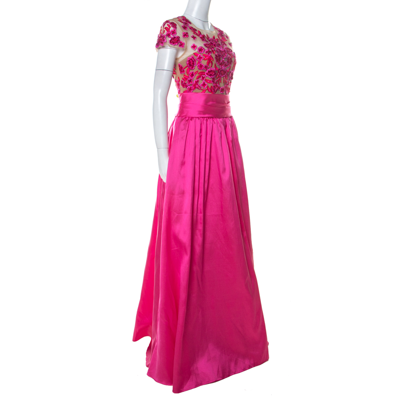

Marchesa Notte Pink Floral Embroidered Tulle Mikado Cap Sleeve Gown