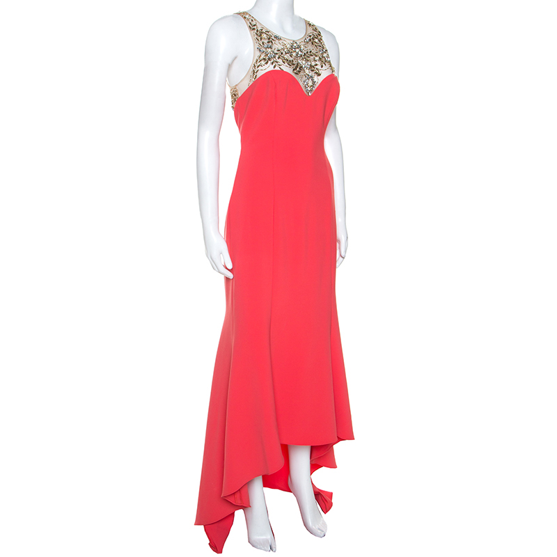 

Marchesa Coral Pink Stretch Crepe Embelished High Low Gown