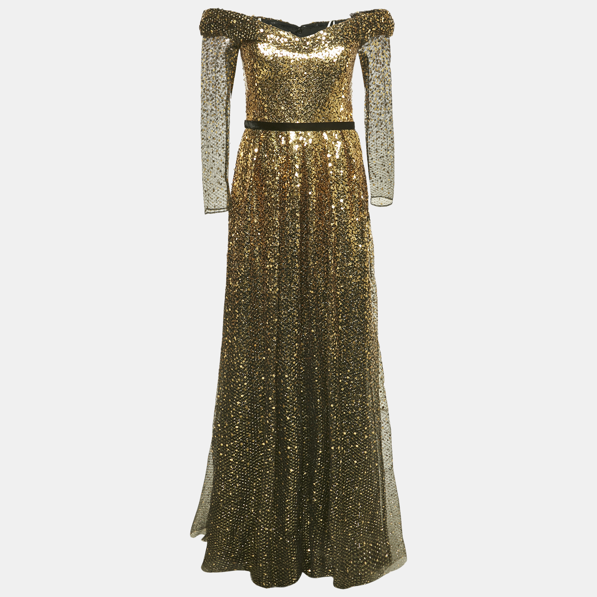 

Marchesa Notte Black/Gold Sequin Embellished Tulle Off Shoulder Gown S