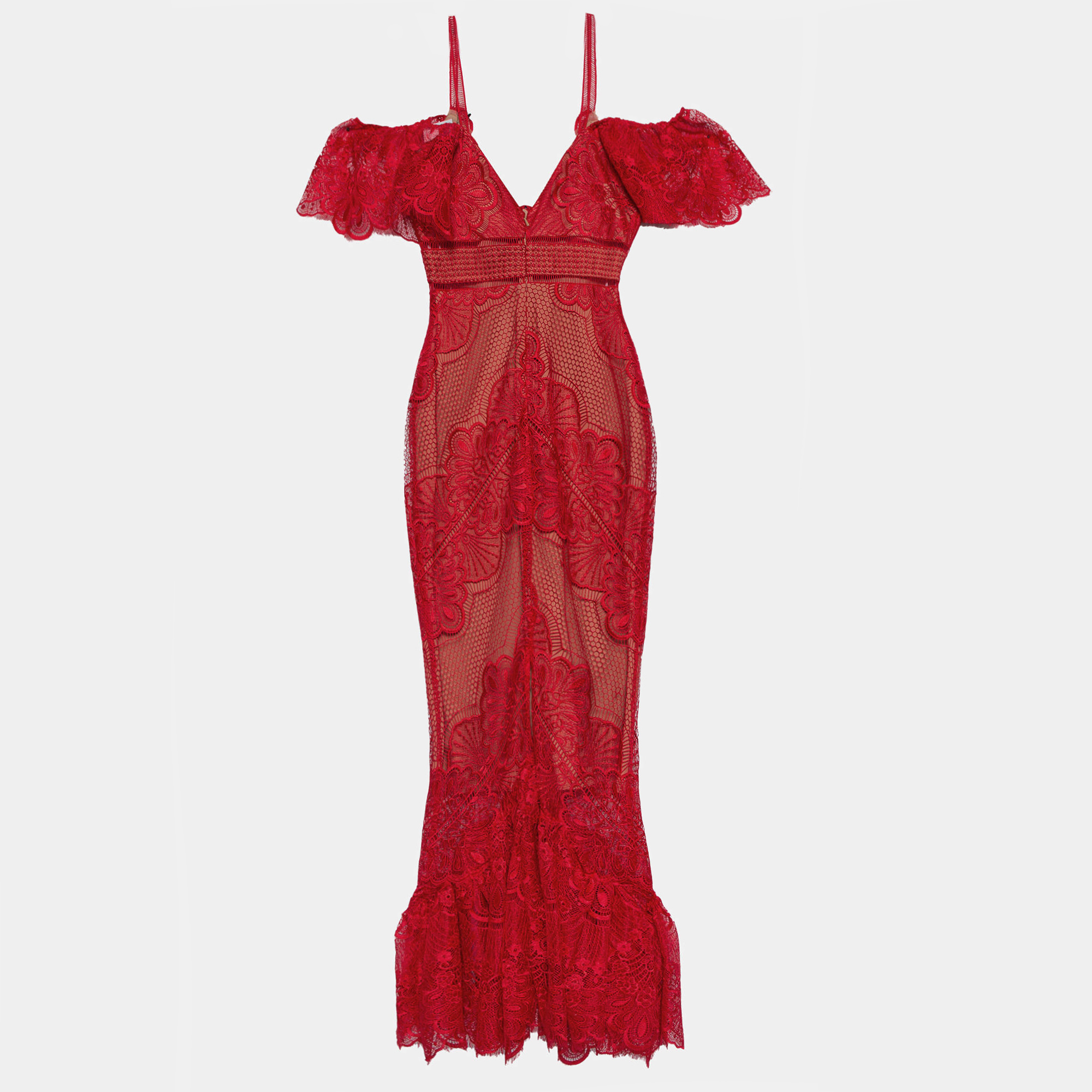 

Marchesa Notte Red lace Cold Shoulder Mermaid Gown