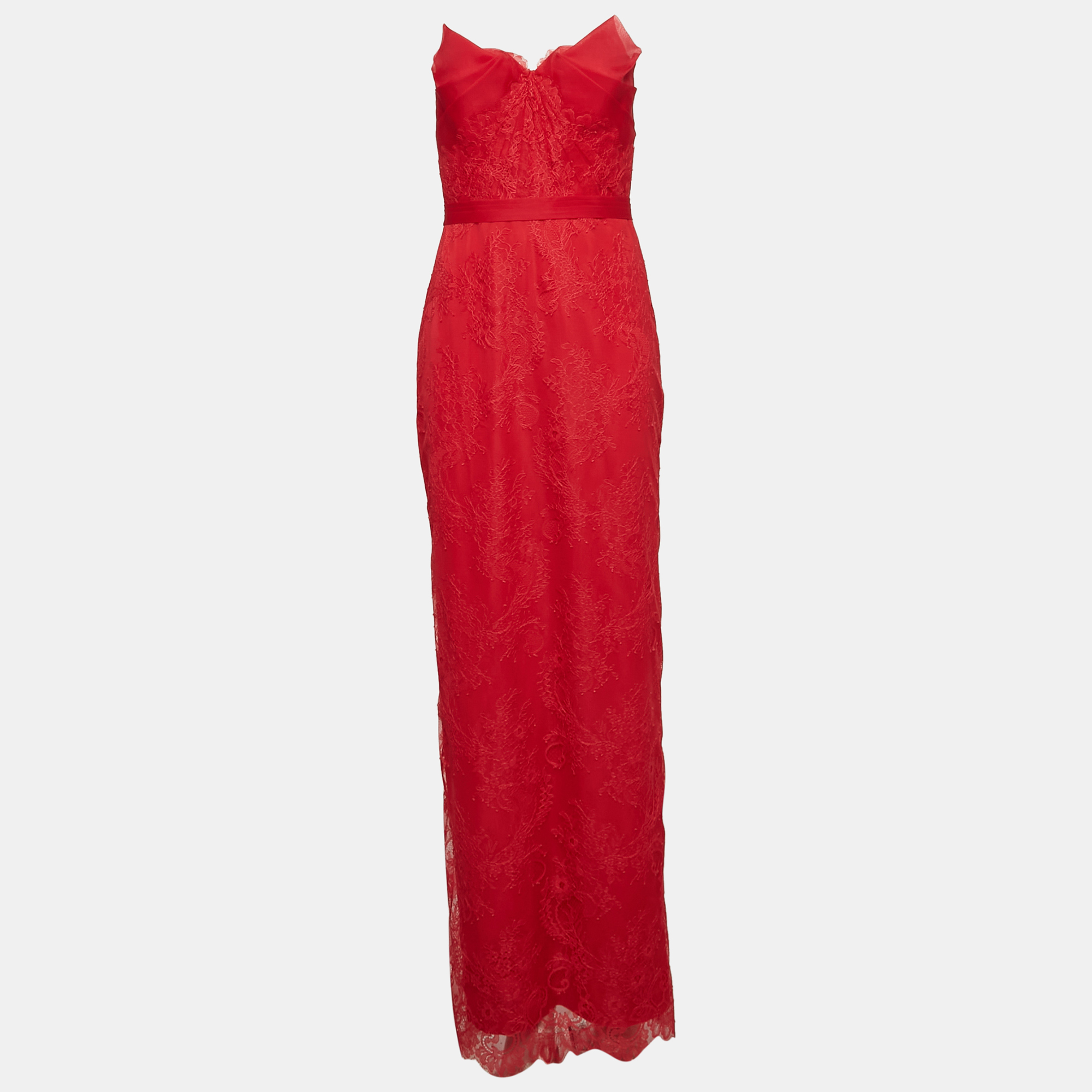 

Marchesa Notte Floral Lace Strapless Maxi Dress XS, Red