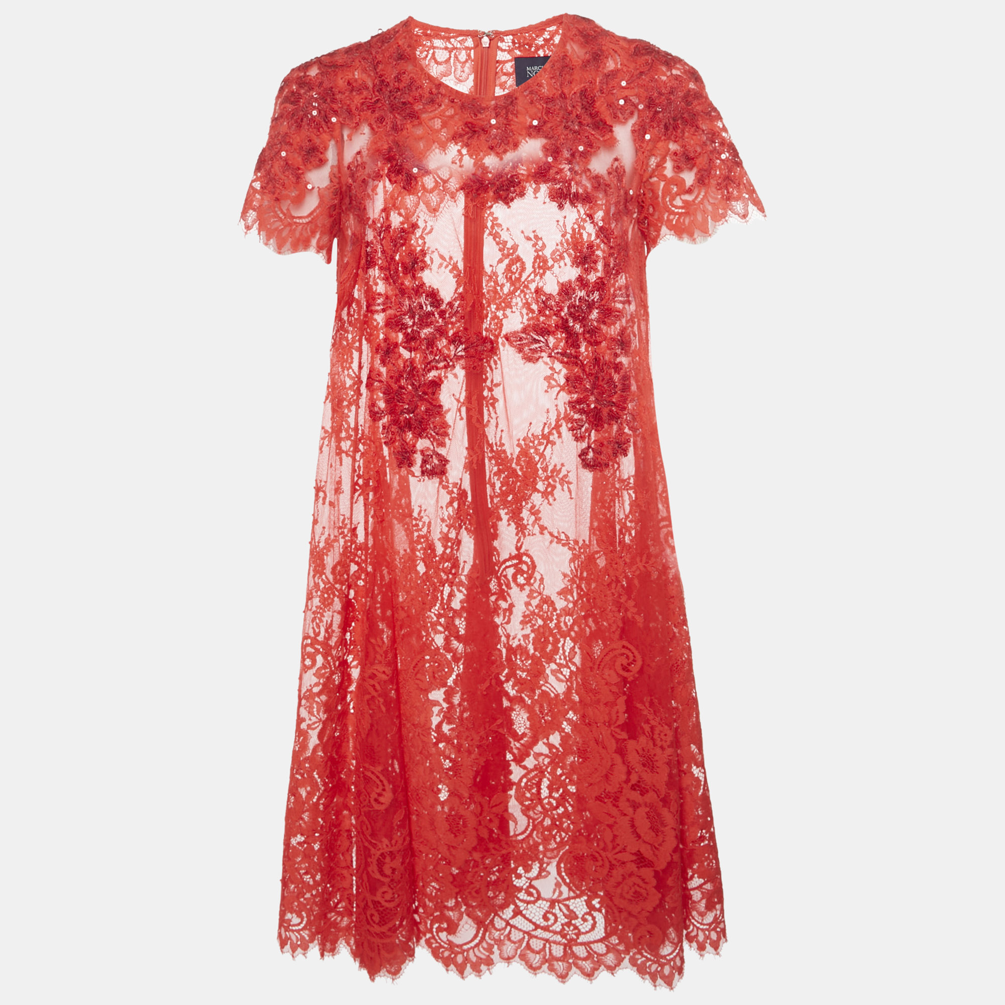 Pre-owned Marchesa Notte Red Embellished Lace Mini Dress S