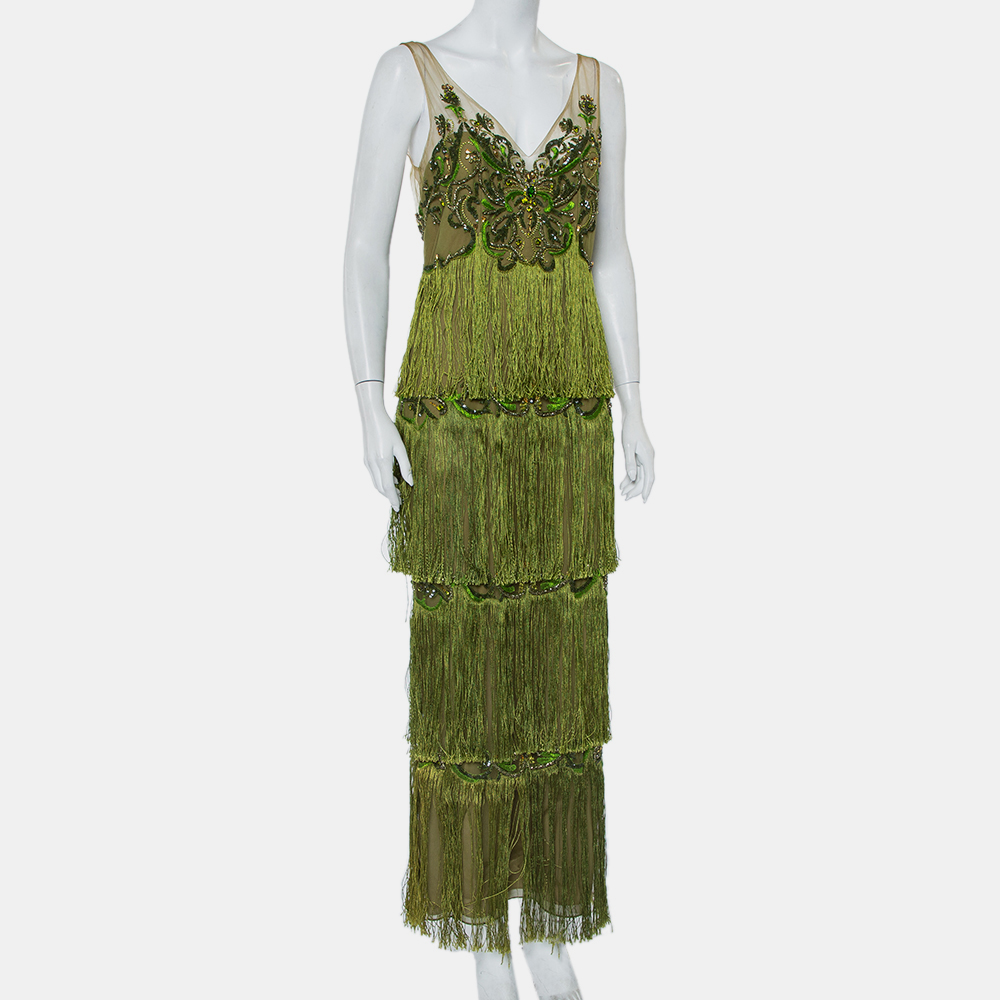 

Marchesa Notte Green Tulle Sequin Embellished Fringed Evening Dress