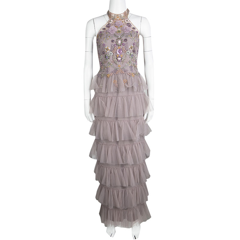 

Marchesa Notte Purple Embellished Halter Neck Tiered Gown