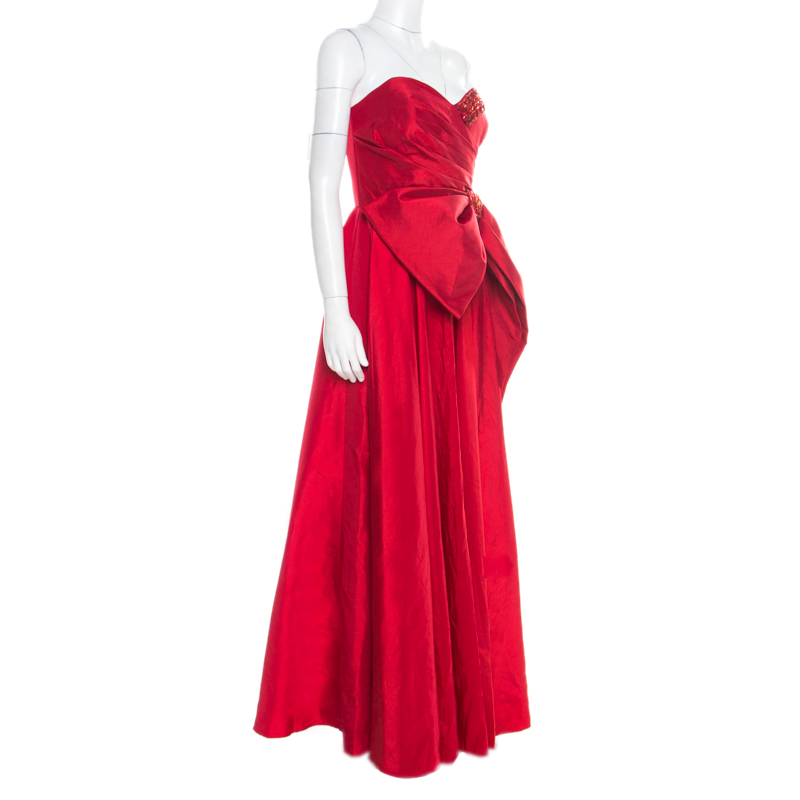 

Marchesa Notte Red Embellished Trim Bow detail Strapless Gown