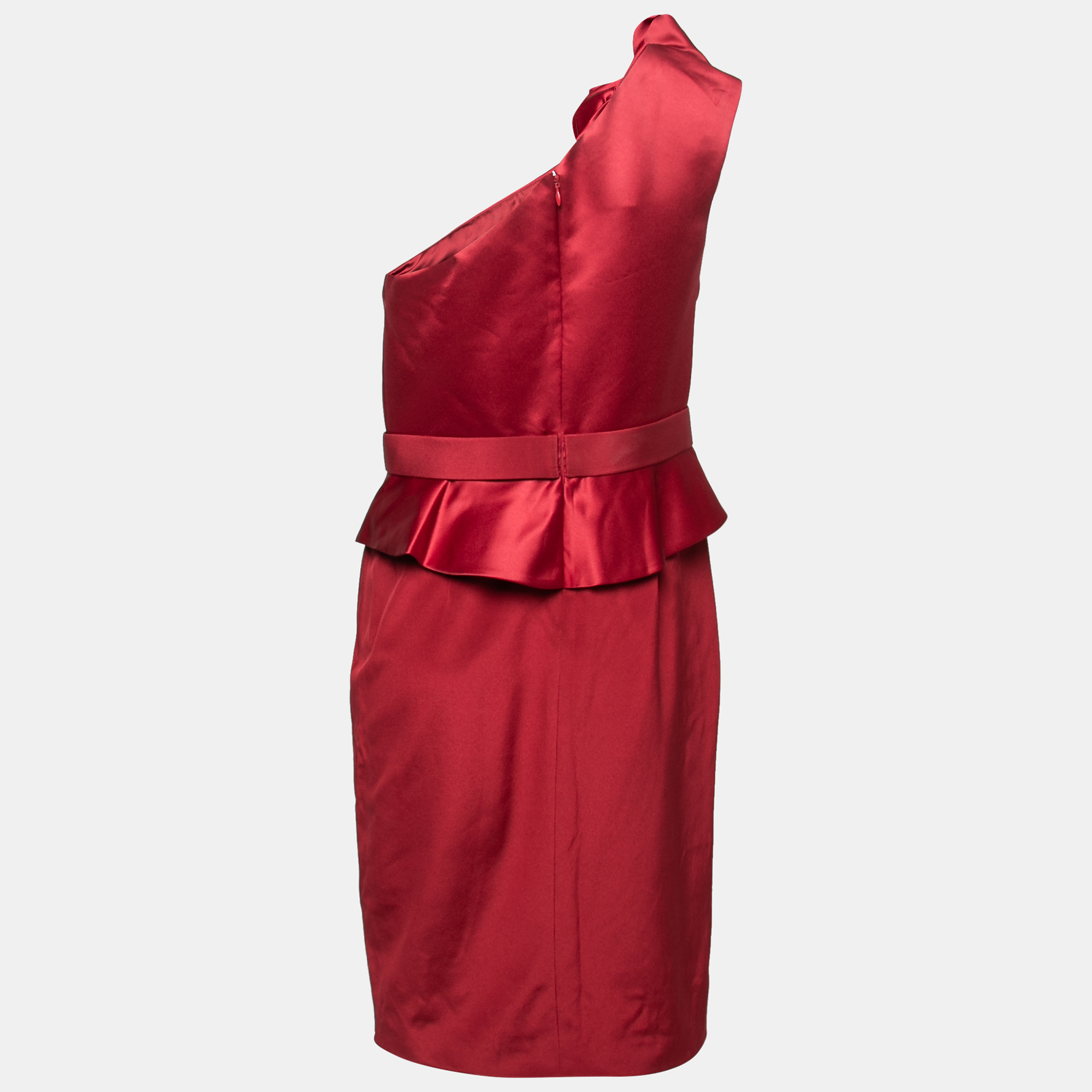 

Marchesa Notte Maroon Rosette Draped Silk One Shoulder Peplum Dress, Burgundy