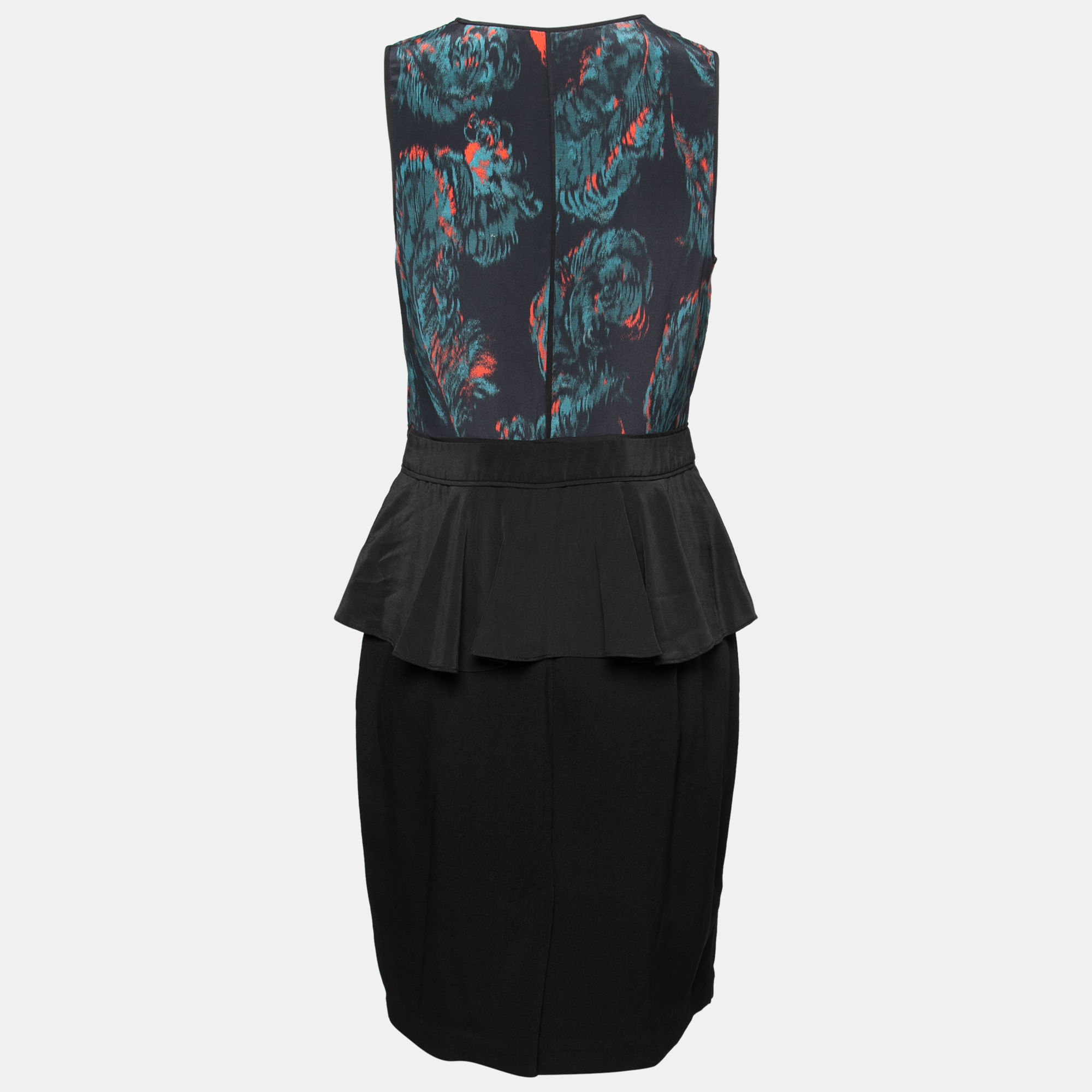 

Marchesa Voyage Black Ikkat Print Silk Sleeveless Peplum Dress