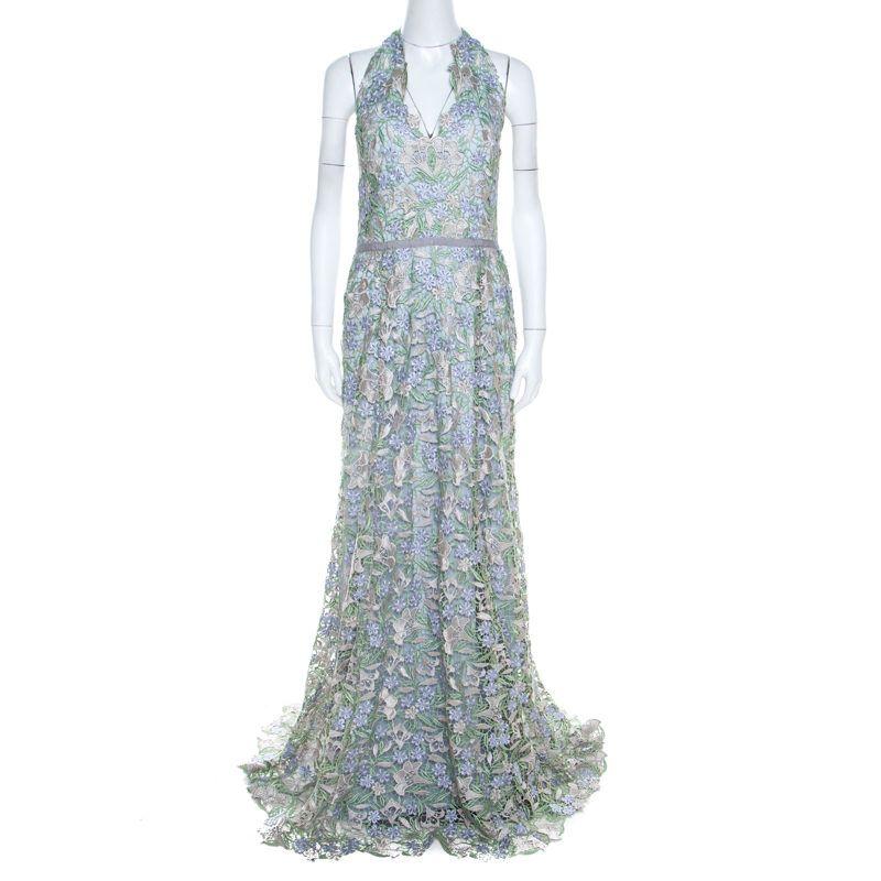 Pre Owned Marchesa Notte Pale Blue Guipure Floral Lace Overlay Halter Gown L
